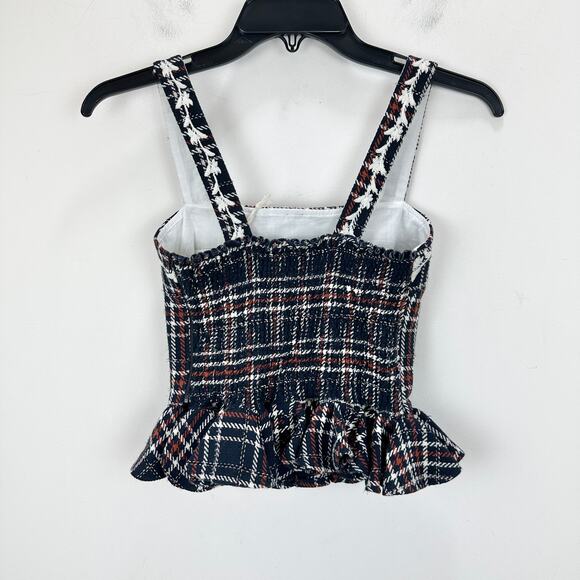 FANM MON Tweed Tartan Plaid Embroidered Square Neck Peplum Top XS NWT - Picture 8 of 9